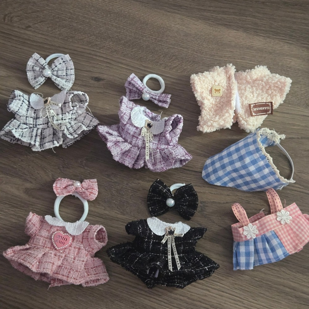 Handmade Doll Clothes Set Tweed Dresses Gingham Outfits Sherpa Accessories 7pc